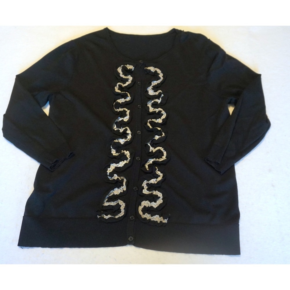 Womens Black Ruffle Lace Trim Button Front Cardigan Sweater Long Sleeve Crewneck
